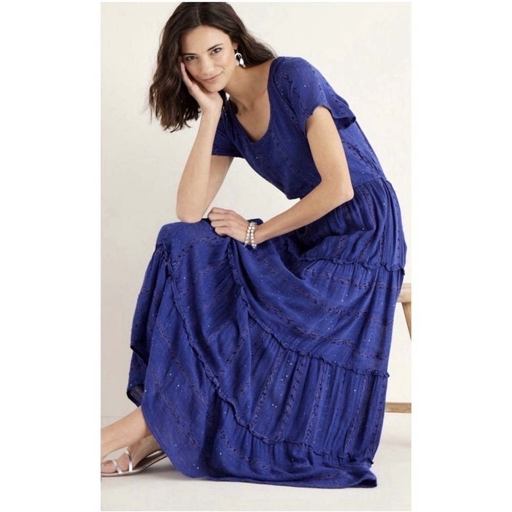 NEW! Soft Surroundings Kara Shimmer Tiered Sequin Maxi Dress Blue SZ M